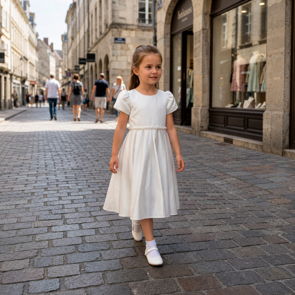 Fille portant une robe de cérémonie écru satinée avec ceinture perlée
