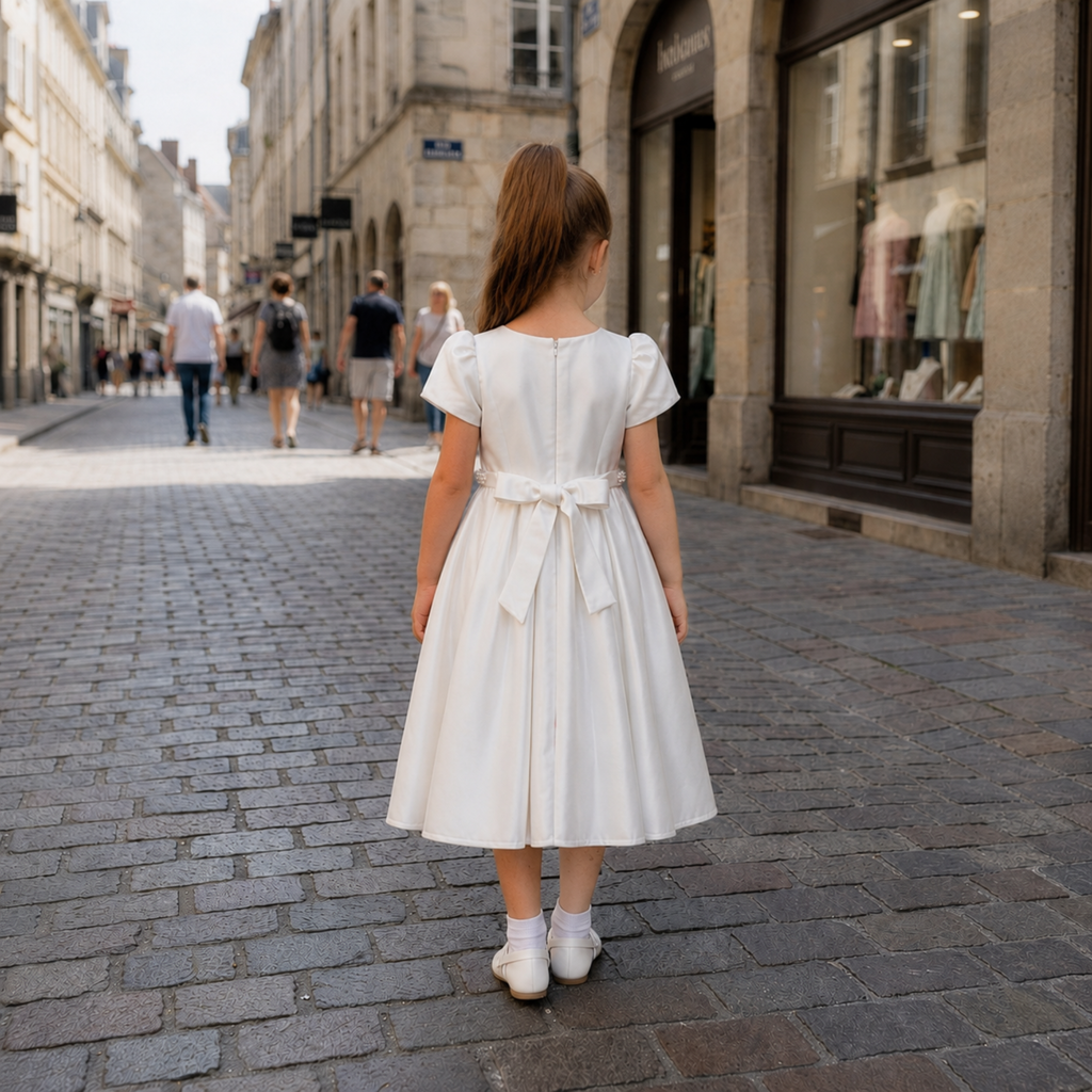 Fille portant une robe de cérémonie écru satinée avec ceinture perlée. Dos d’une robe de cérémonie écru satinée pour fille avec grand nœud