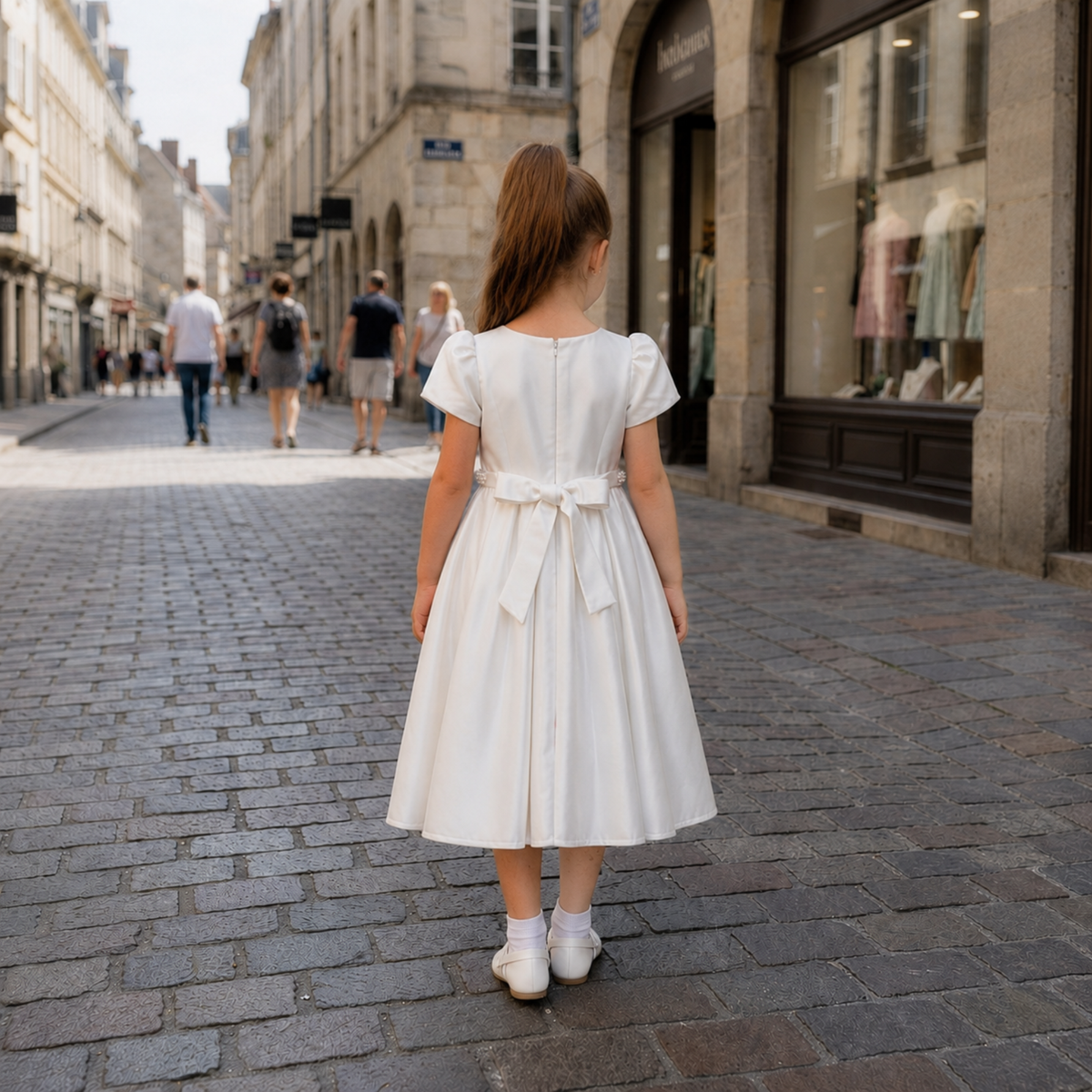Fille portant une robe de cérémonie écru satinée avec ceinture perlée. Dos d’une robe de cérémonie écru satinée pour fille avec grand nœud
