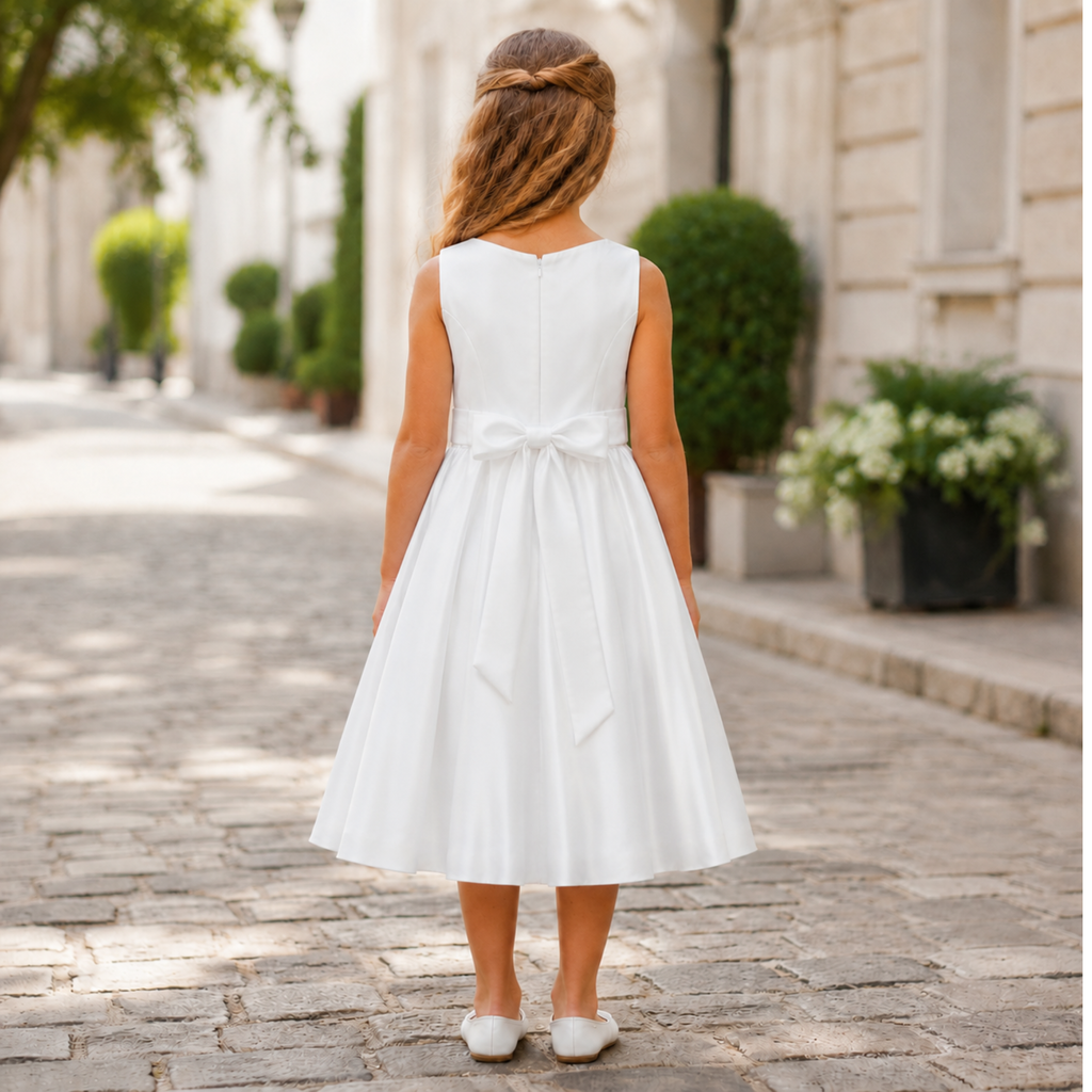 Fille portant une robe de cérémonie blanche sans manches avec jupe évasée