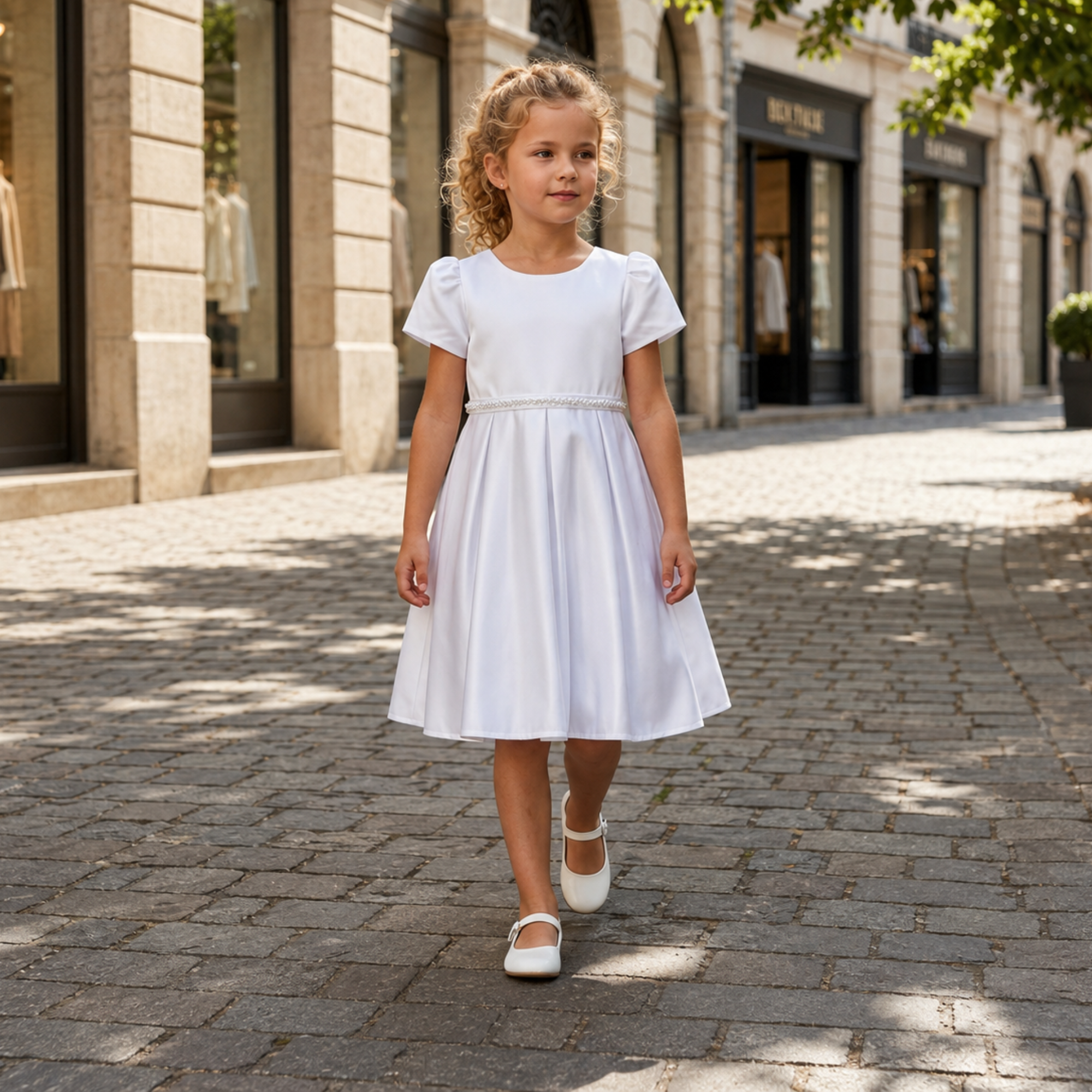 Fille portant une robe de cérémonie blanche satinée avec ceinture perlée