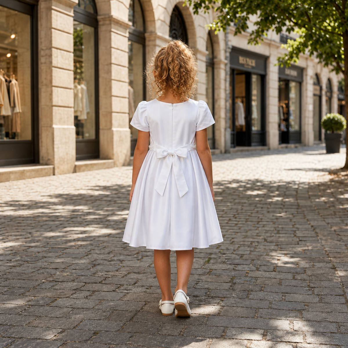 Fille portant une robe de cérémonie blanche satinée avec ceinture perlée. Dos d’une robe de cérémonie blanche satinée pour fille avec grand nœud