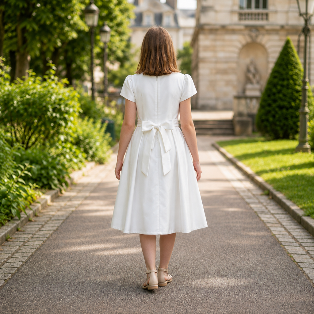 une robe de cérémonie écrue pour fille avec fermeture zippée et nœud satiné