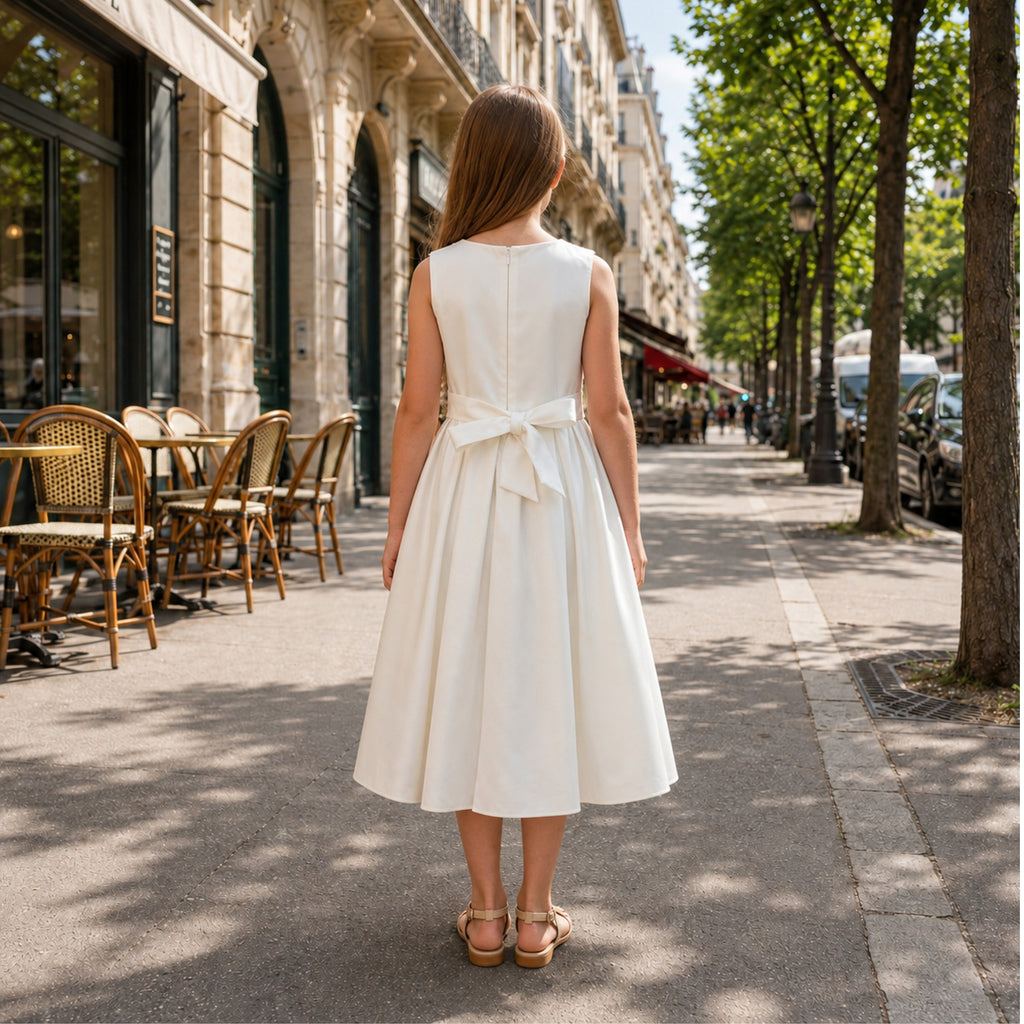 Dos d’une robe de cérémonie écrue pour fille avec fermeture et grand nœud satiné