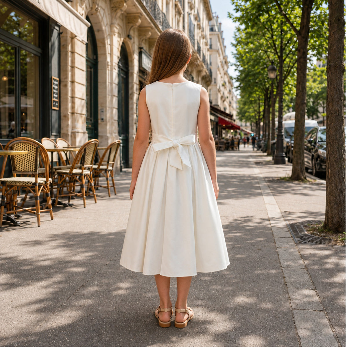 Dos d’une robe de cérémonie écrue pour fille avec fermeture et grand nœud satiné