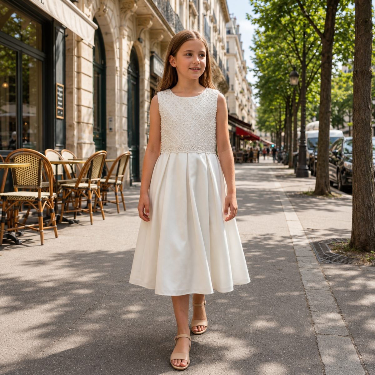 Dos d’une robe de cérémonie écrue pour fille avec fermeture et grand nœud satiné