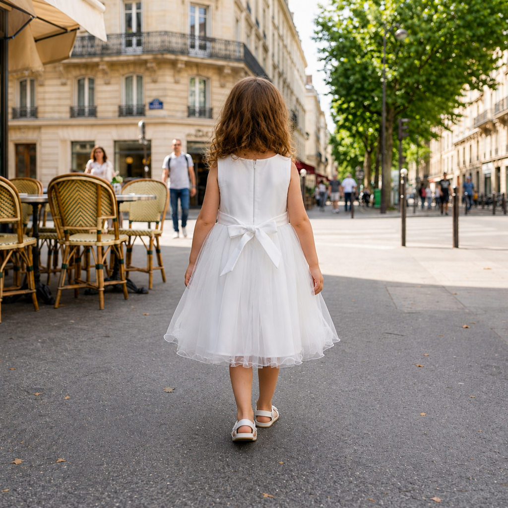 Dos d’une robe de cérémonie écrue en tulle avec fermeture zippée et nœud satiné