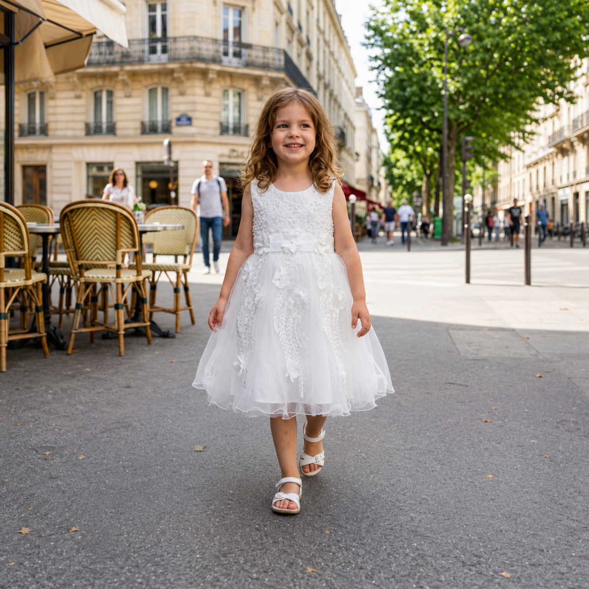 Fille portant une robe de cérémonie écrue avec bustier perlé et jupe en tulle