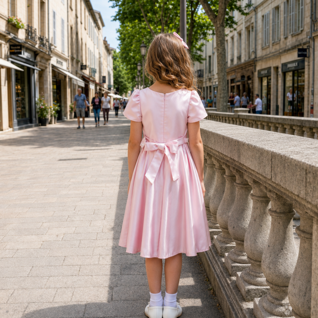 Fille portant une robe de cérémonie rose satinée avec ceinture perlée. Dos d’une robe de cérémonie rose satinée pour fille avec grand nœud