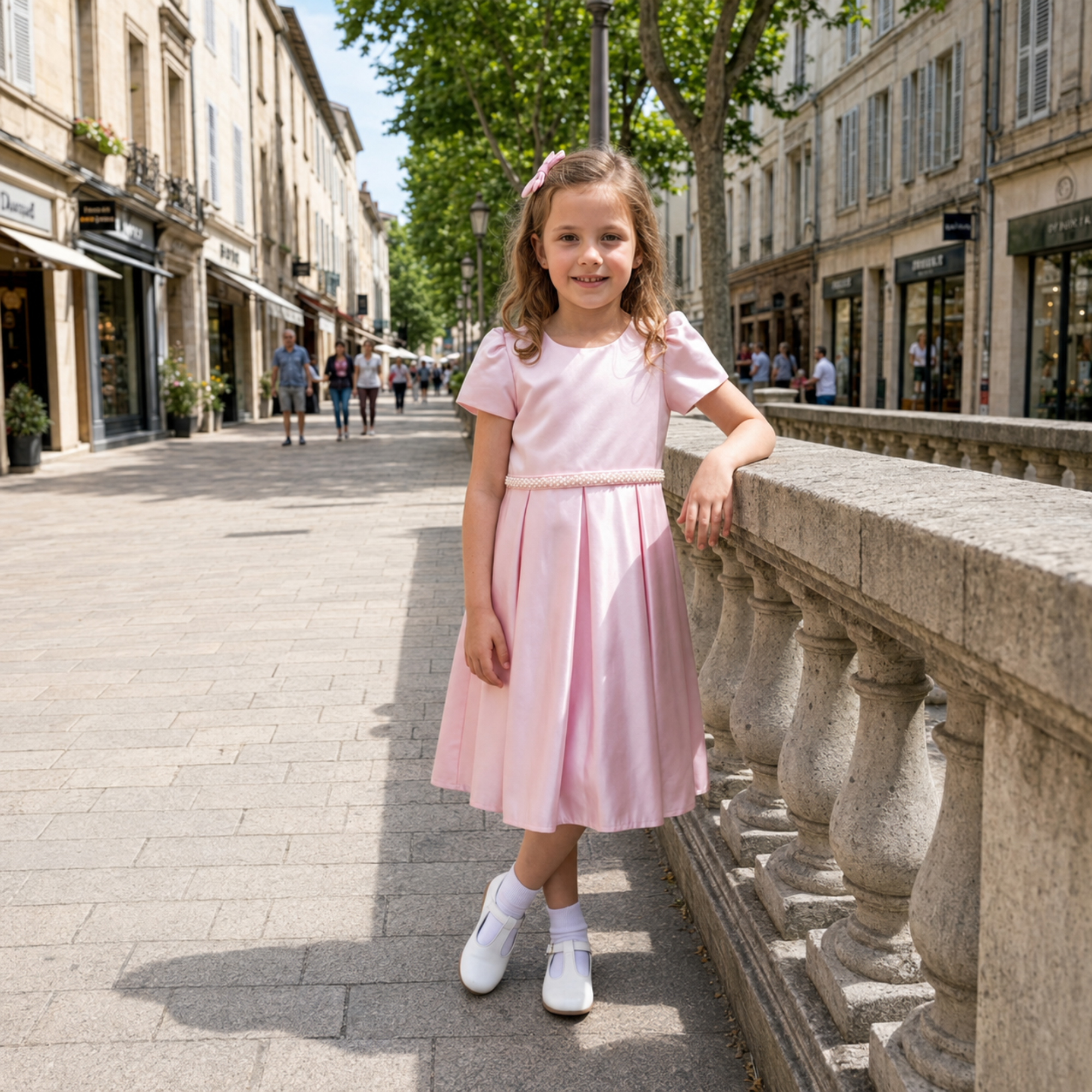 Fille portant une robe de cérémonie rose satinée avec ceinture perlée