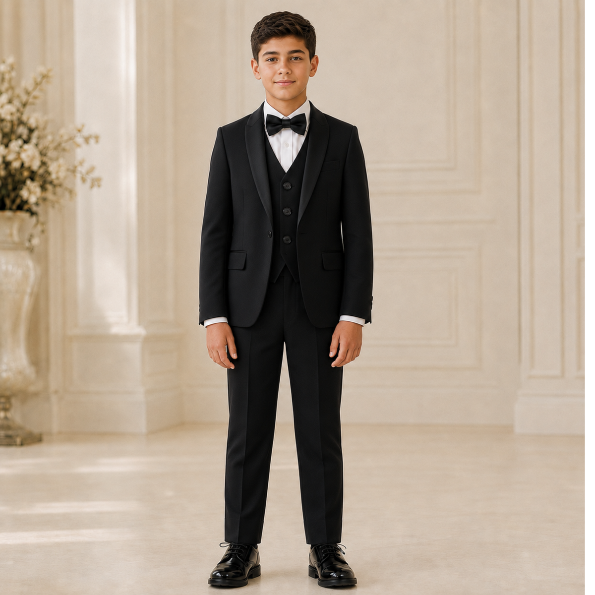 Smoking garçon noir 5 pièces avec veste à col châle, gilet, chemise, pantalon et nœud papillon.