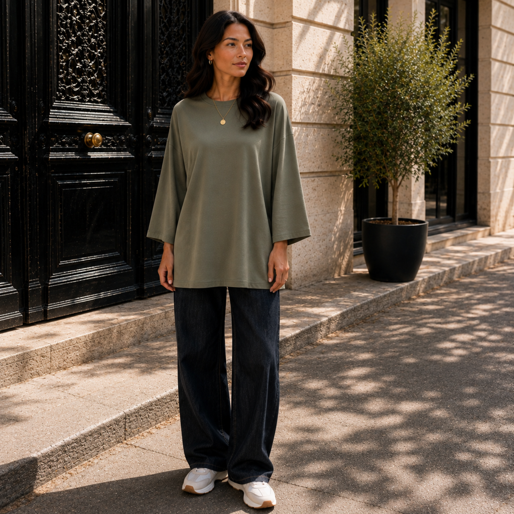 Femme portant un T-shirt long oversize kaki, manches longues 7/8, avec un jean large.