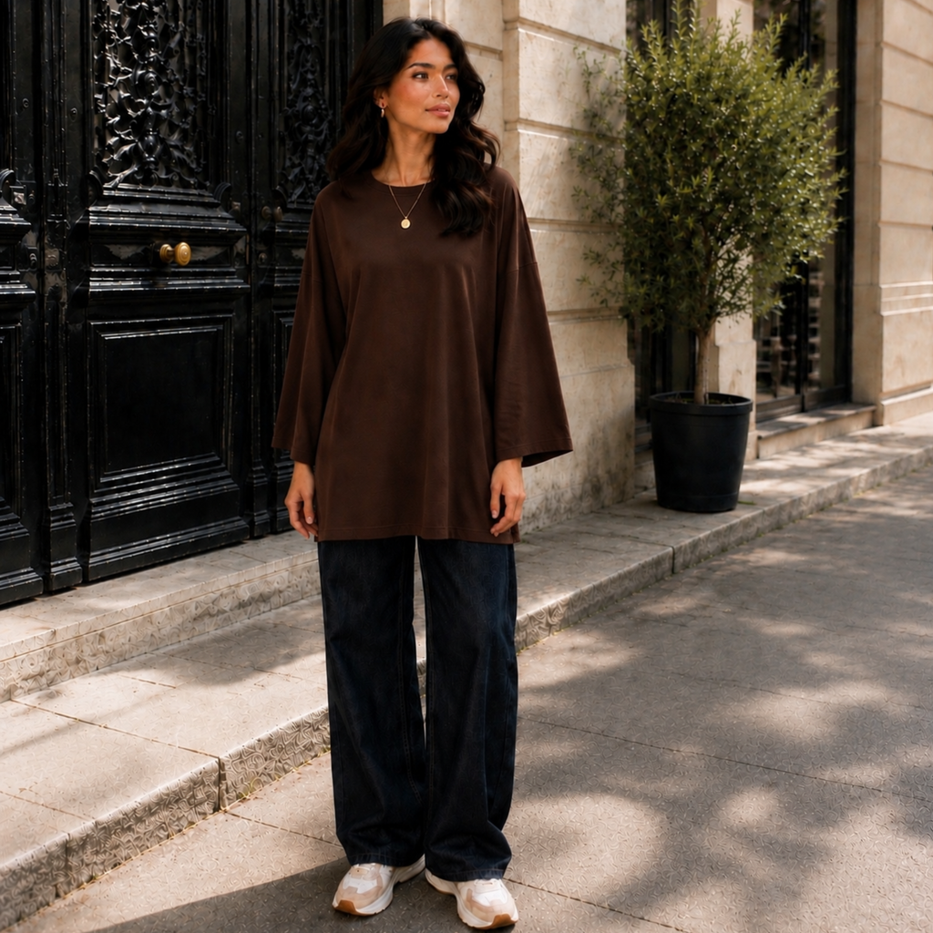 Femme portant un T-shirt long oversize marron, manches longues 7/8, avec un jean large.