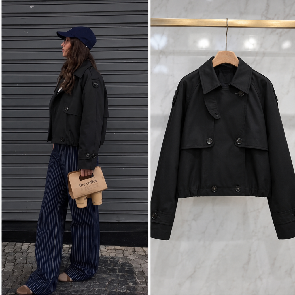 Veste courte noire style trench pour femme, portée de face et de profil, avec vue sur cintre