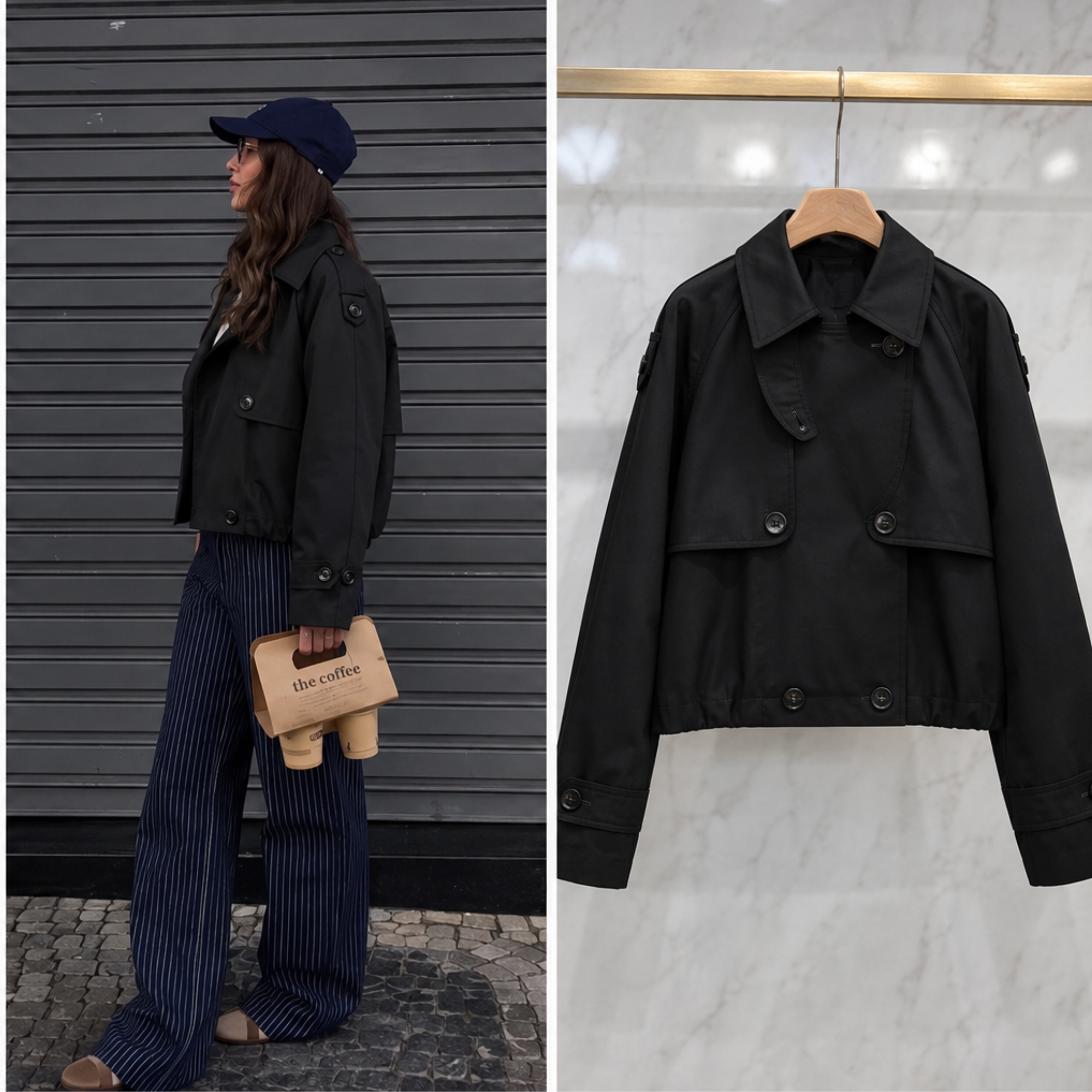 Veste courte noire style trench pour femme, portée de face et de profil, avec vue sur cintre
