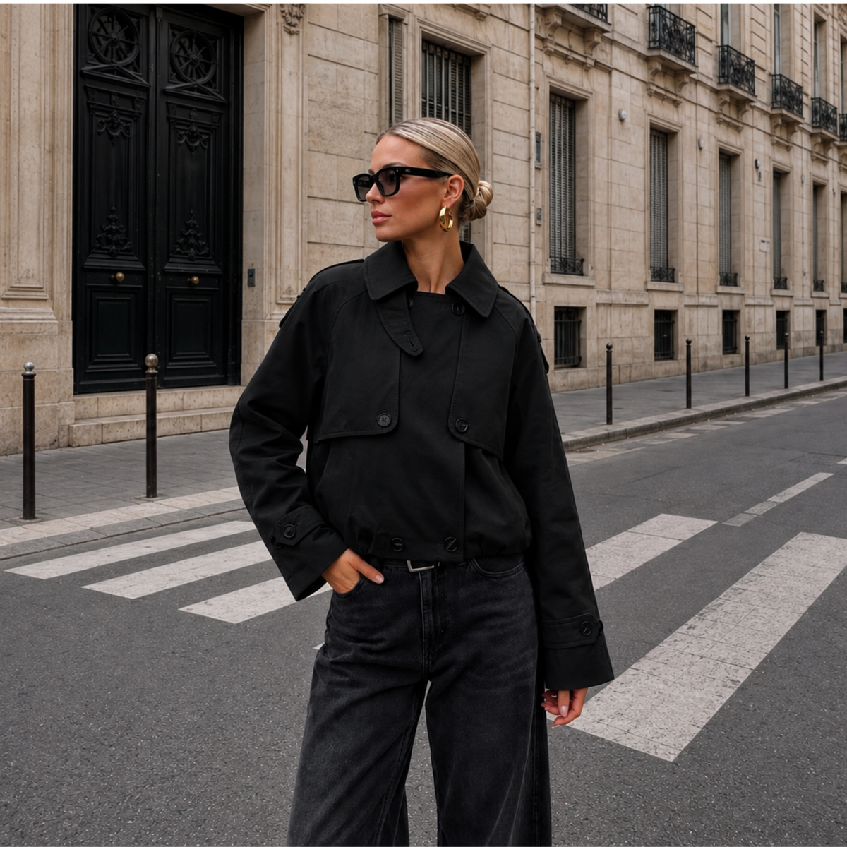 Veste courte noire style trench pour femme, portée de face et de profil, avec vue sur cintre