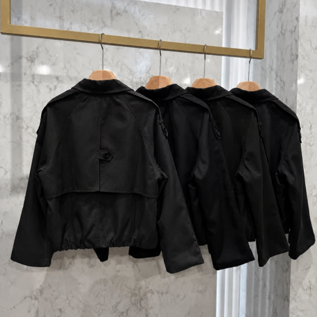 Veste courte noire style trench pour femme, portée de face et de profil, avec vue sur cintre